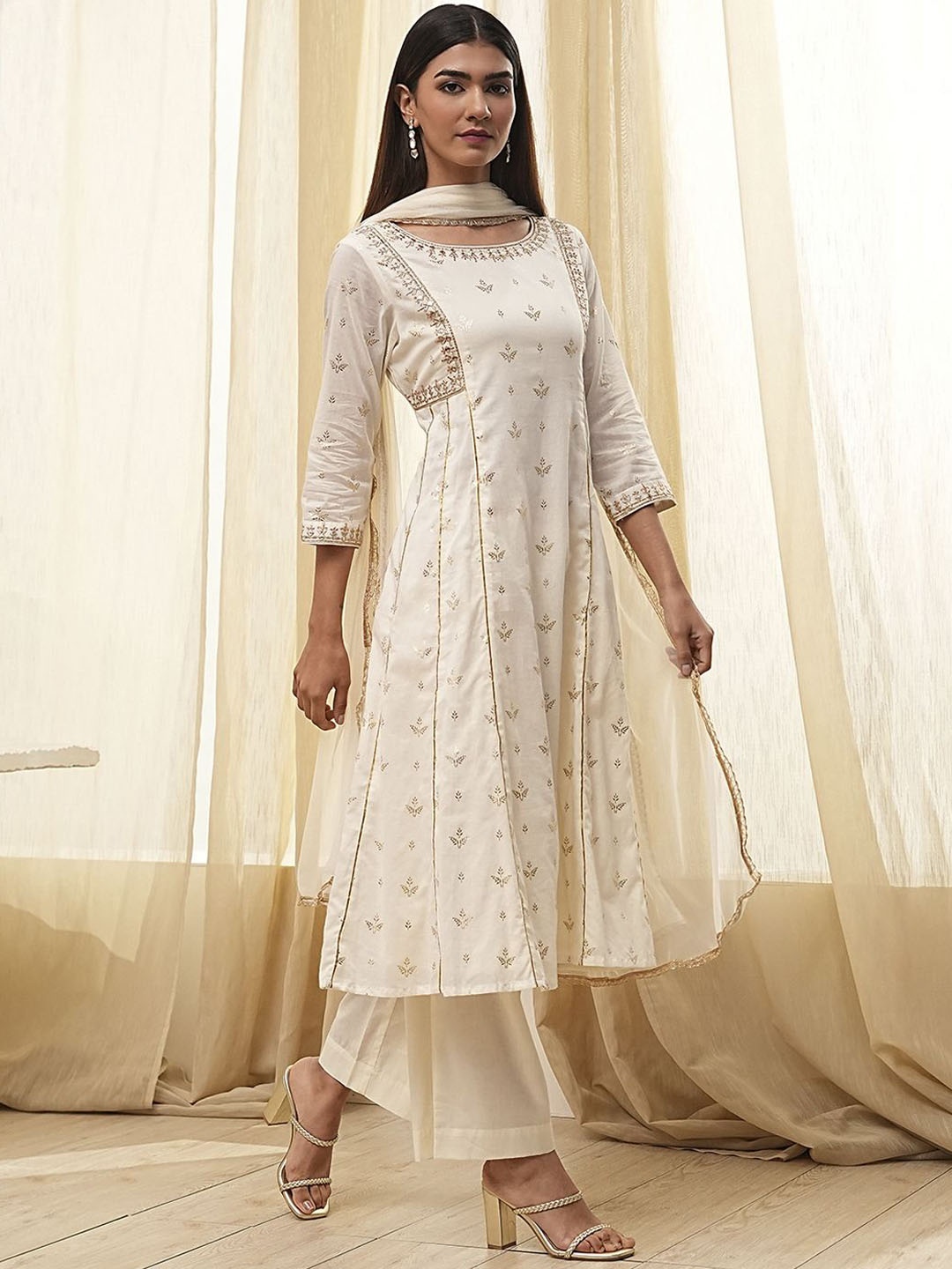 

Biba Floral Printed Round Neck Pure Cotton Anarkali Kurta With Trousers And Dupatta, Cream