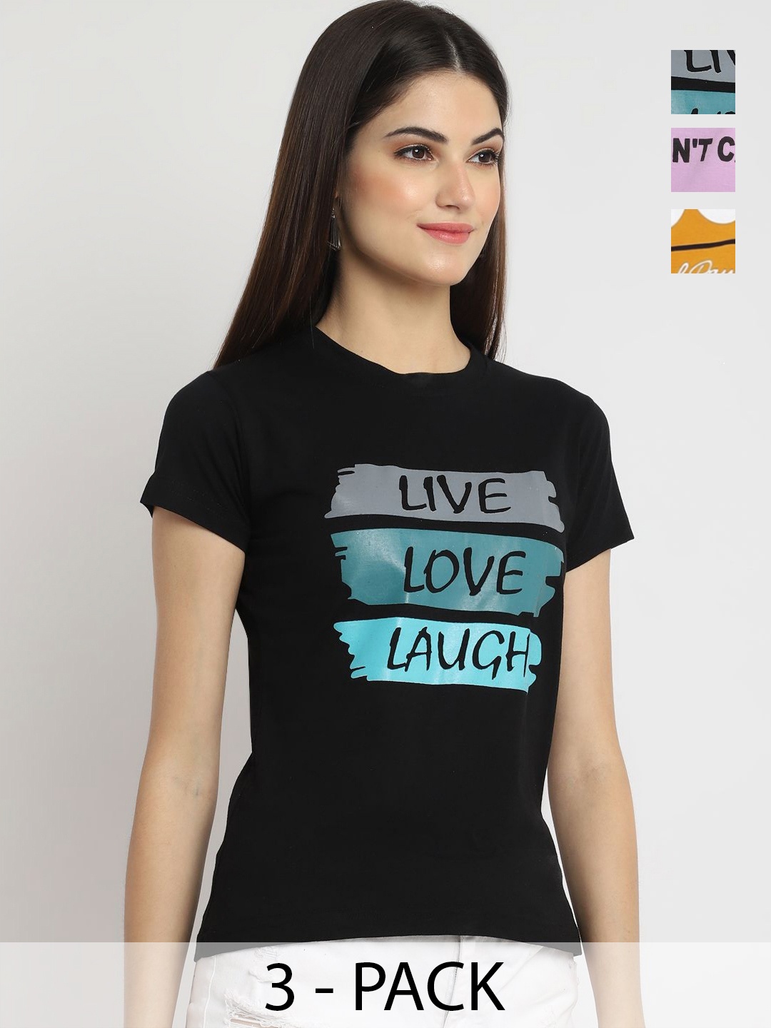 

Dreambe Women Pack Of 3 Graphic Printed Round Neck Cotton T-shirts, Black