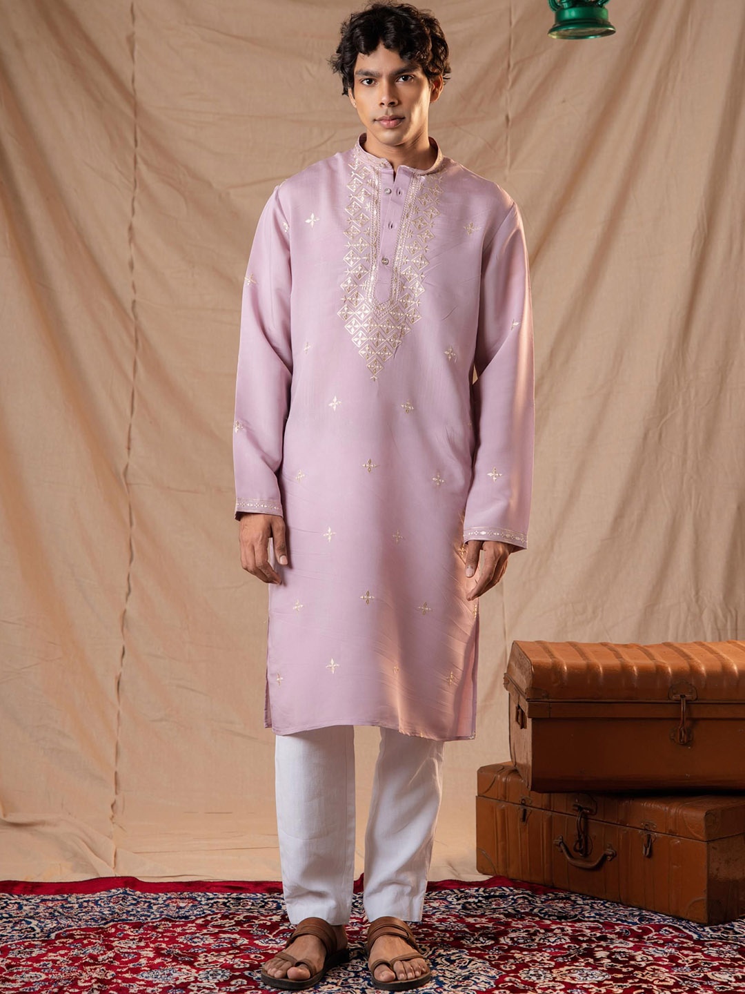 

5 Stitch Ethnic Motifs Embroidered Sequinned Band Collar Straight Kurta With Pyjamas, Purple