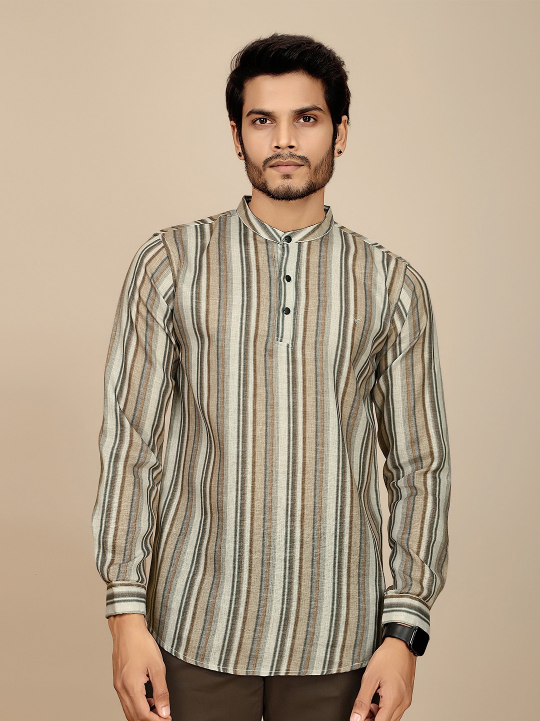 

Aerio Men Premium Fit Band Collar Vertical Striped Casual Shirt, Brown
