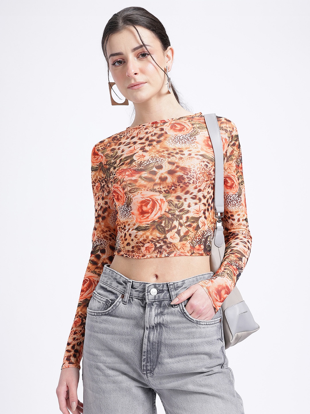 

glitchez Rose Revival Floral Print Mesh Crop Top, Beige