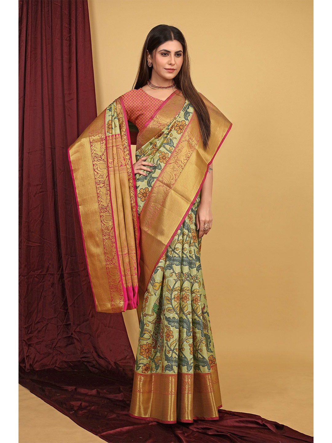 

Kandora Kalamkari Zari Paithani Saree, Yellow