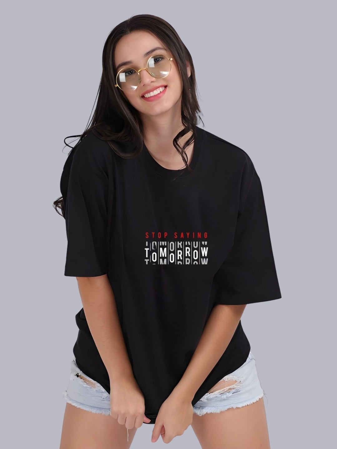 

Moda Rapido Women Typography Printed Round Neck Cotton Oversized T-shirt, Black