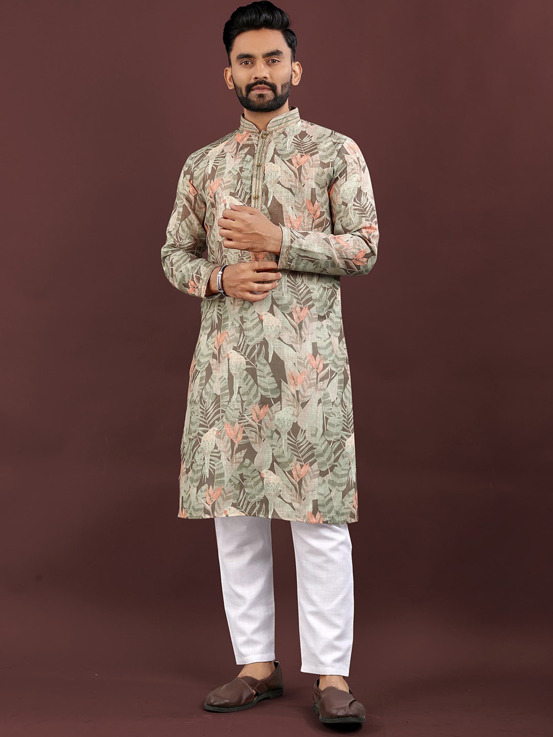 

Zurika Fashion Floral Printed Linen Mandarin Collar Stright Kurta, Grey