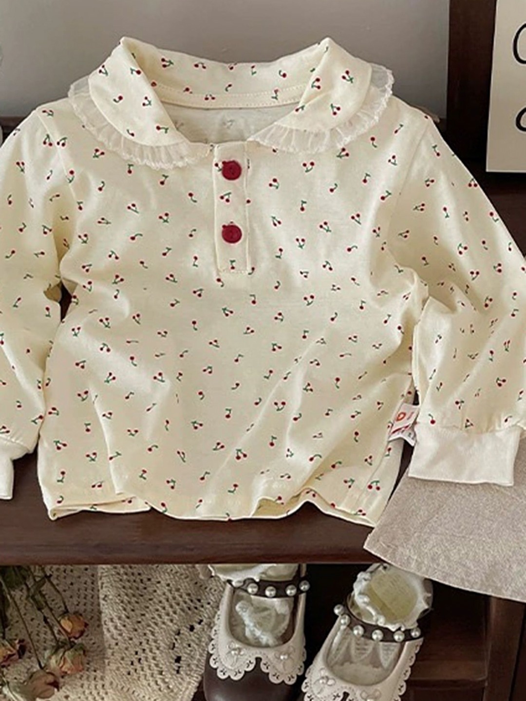 

LULU & SKY Girls Conversational Printed Peter Pan Collar T-shirt, Beige