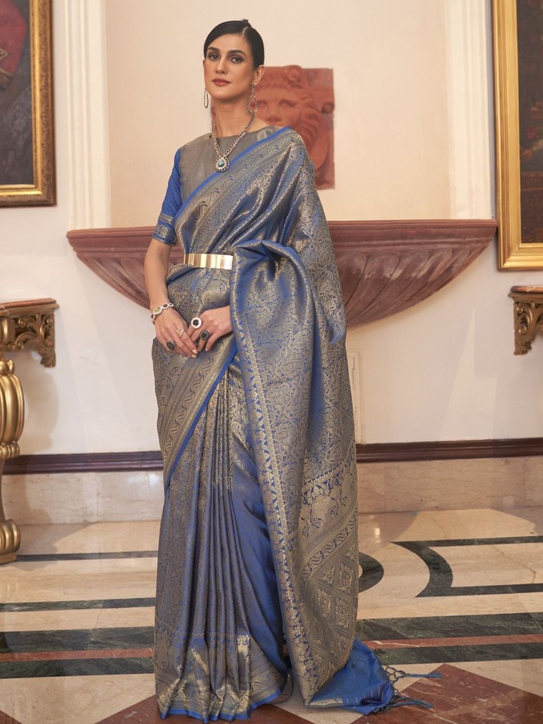 

Anouk Woven Design Zari Silk Blend Banarasi Saree, Blue