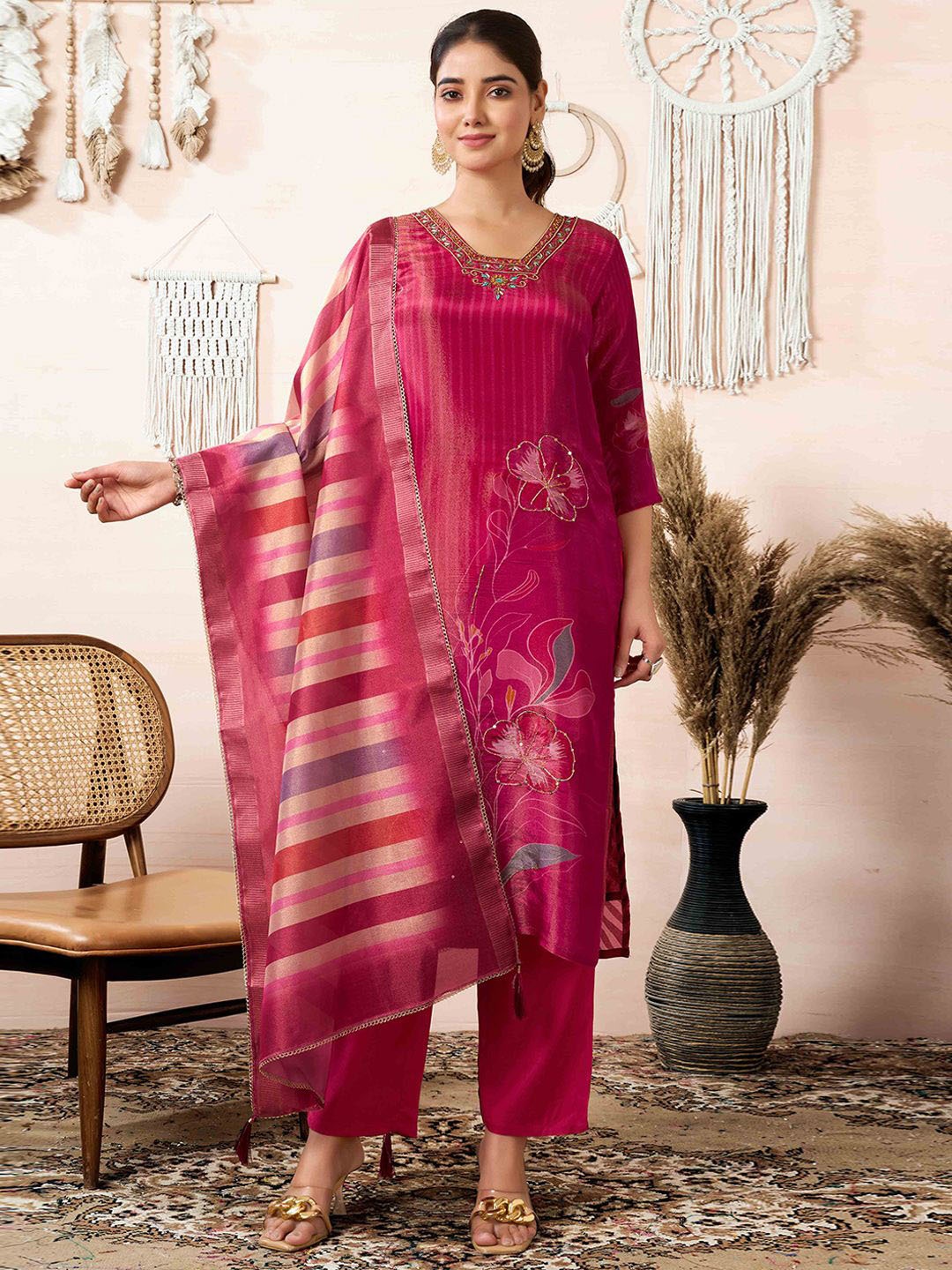 

Peachmode Floral Printed Beads and Stones Cotton Silk Kurta With Trousers And Dupatta, Pink