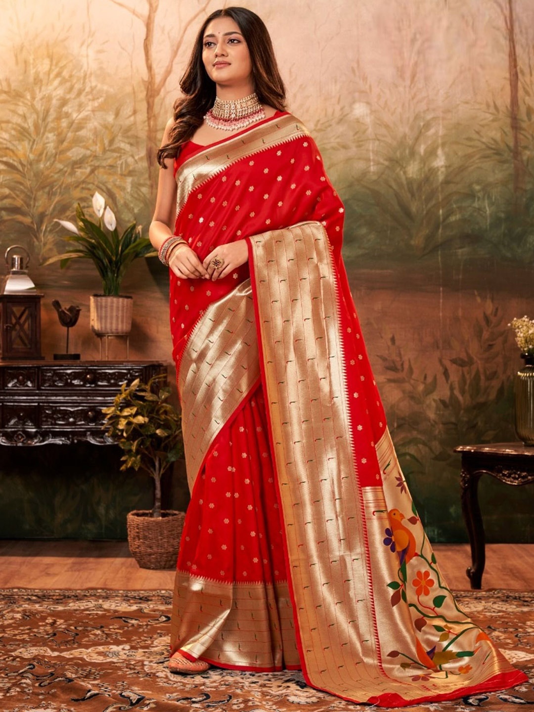 

DIVASTRI Women Woven Design Zari Paithani Saree With Unstitched Blouse Piece, Red