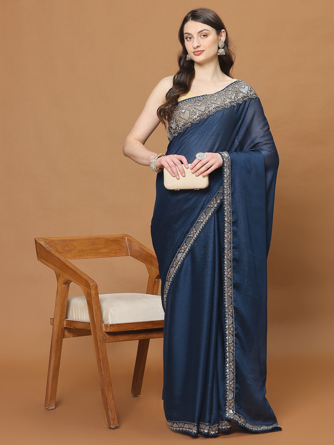 

Meena Bazaar Striped Beads and Stones Embellished Saree, Blue