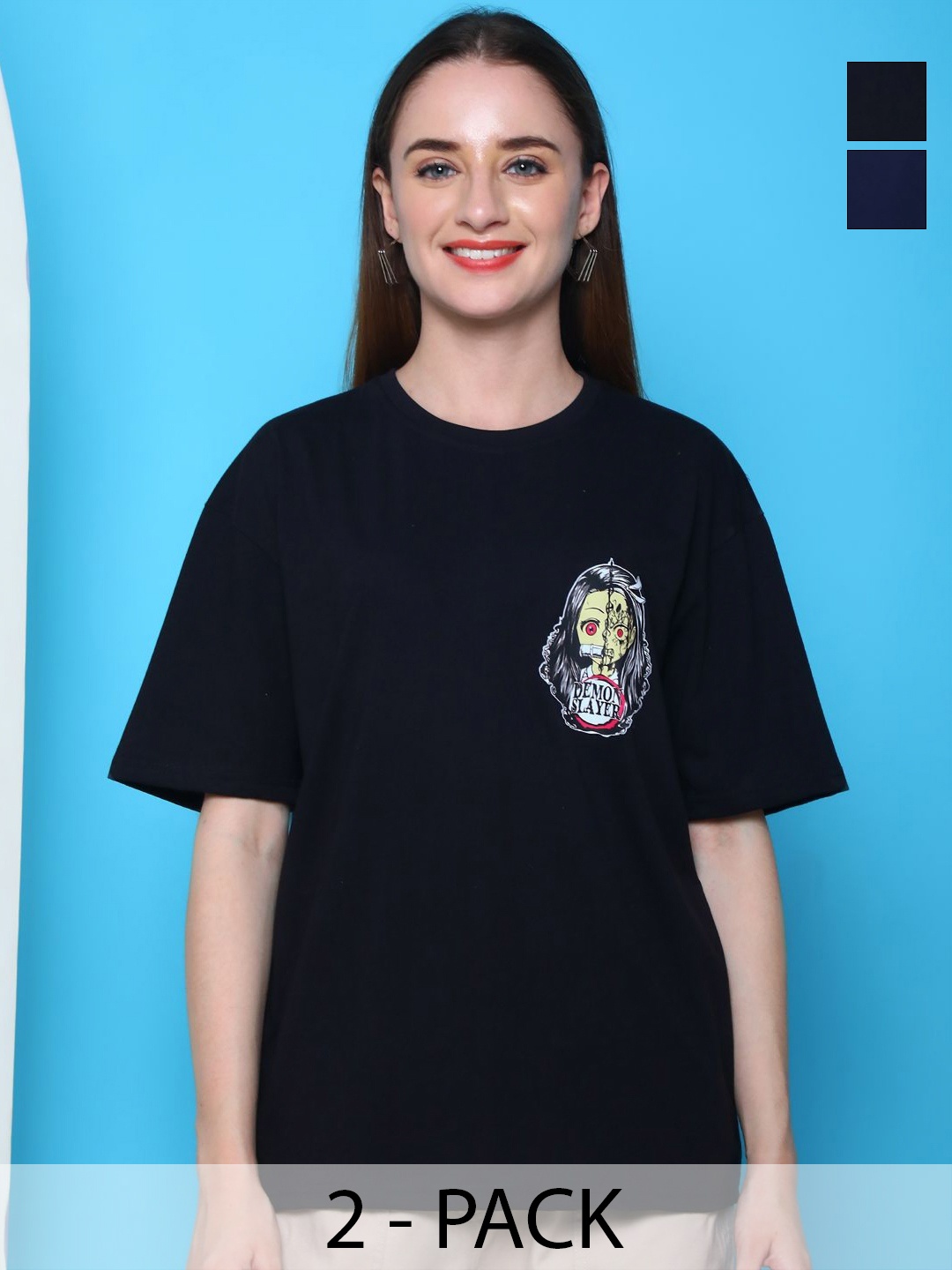 

Dreambe Women Pack Of 2 Graphic Printed Round Neck Cotton Oversized T-shirts, Black