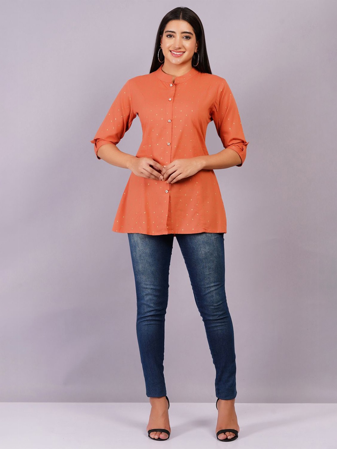 

HIGHLIGHT FASHION EXPORT Polka Dot Mandarin Collar Cotton Top, Orange