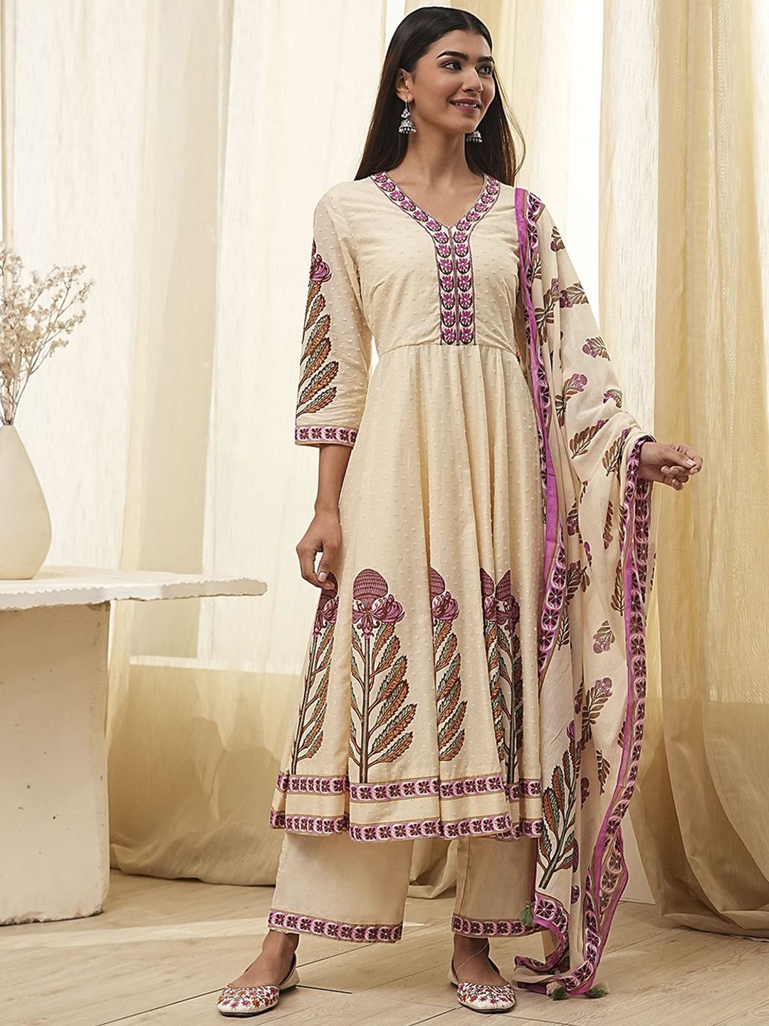 

Biba Floral Printed V-Neck Pure CottonAnarkali Kurta With Trousers And Dupatta, Beige