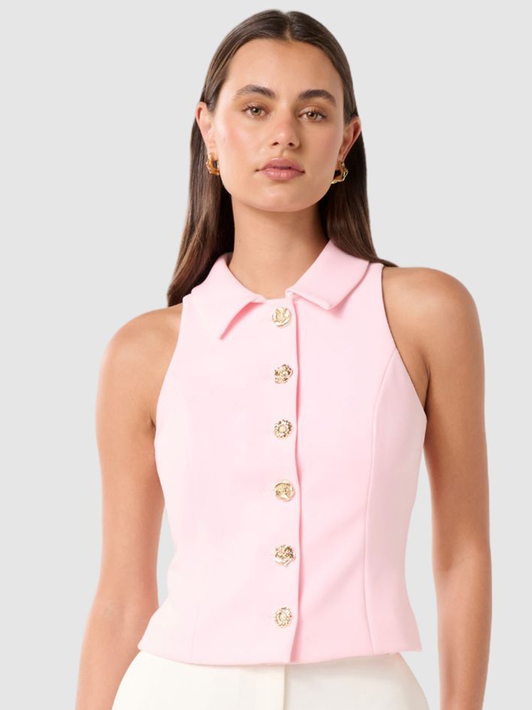 

Forever New Women Solid Shirt Collar Top, Pink