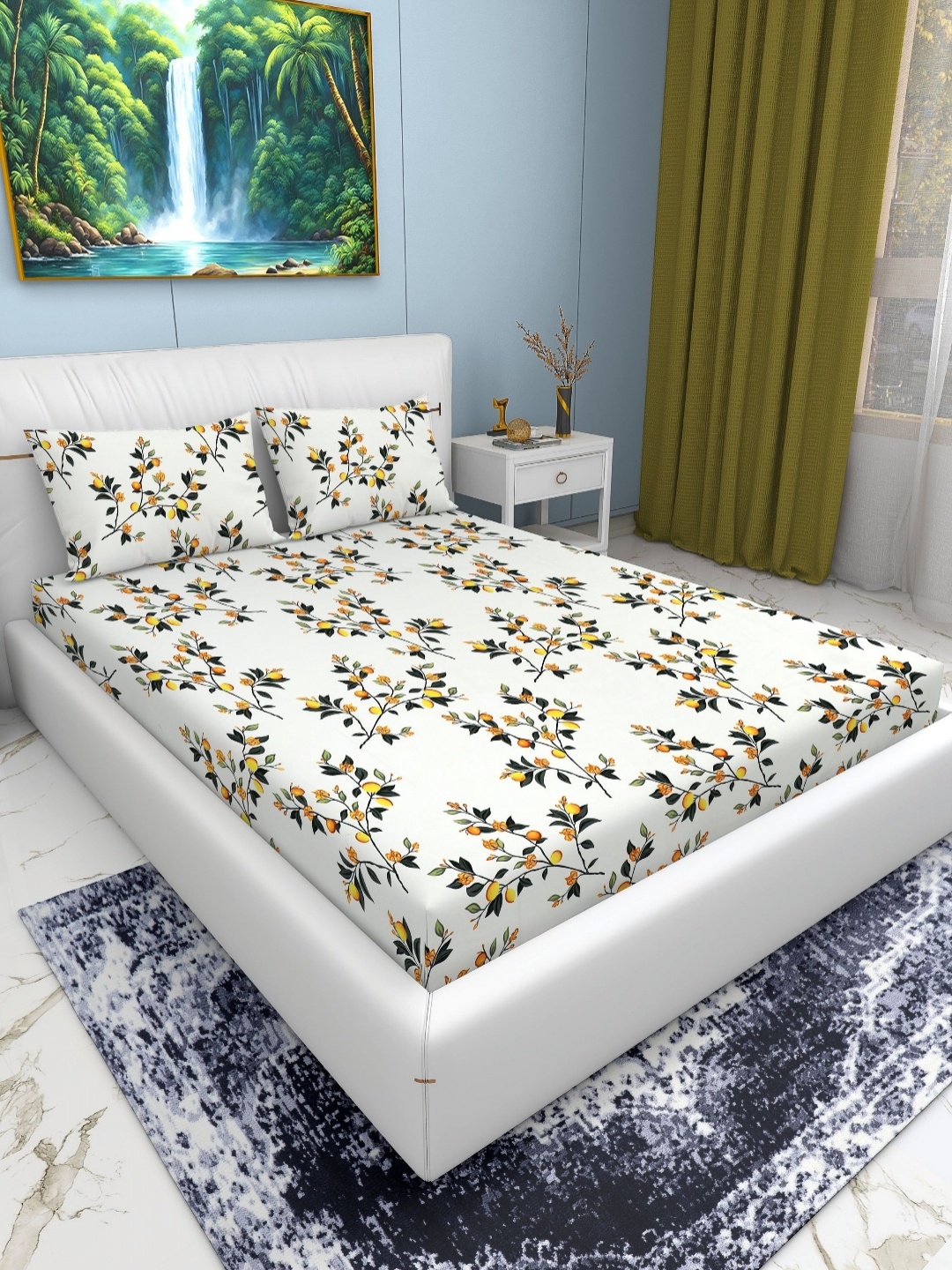 

EXFAB White & Yellow Floral Printed Cotton 240 TC King Bedsheet Set