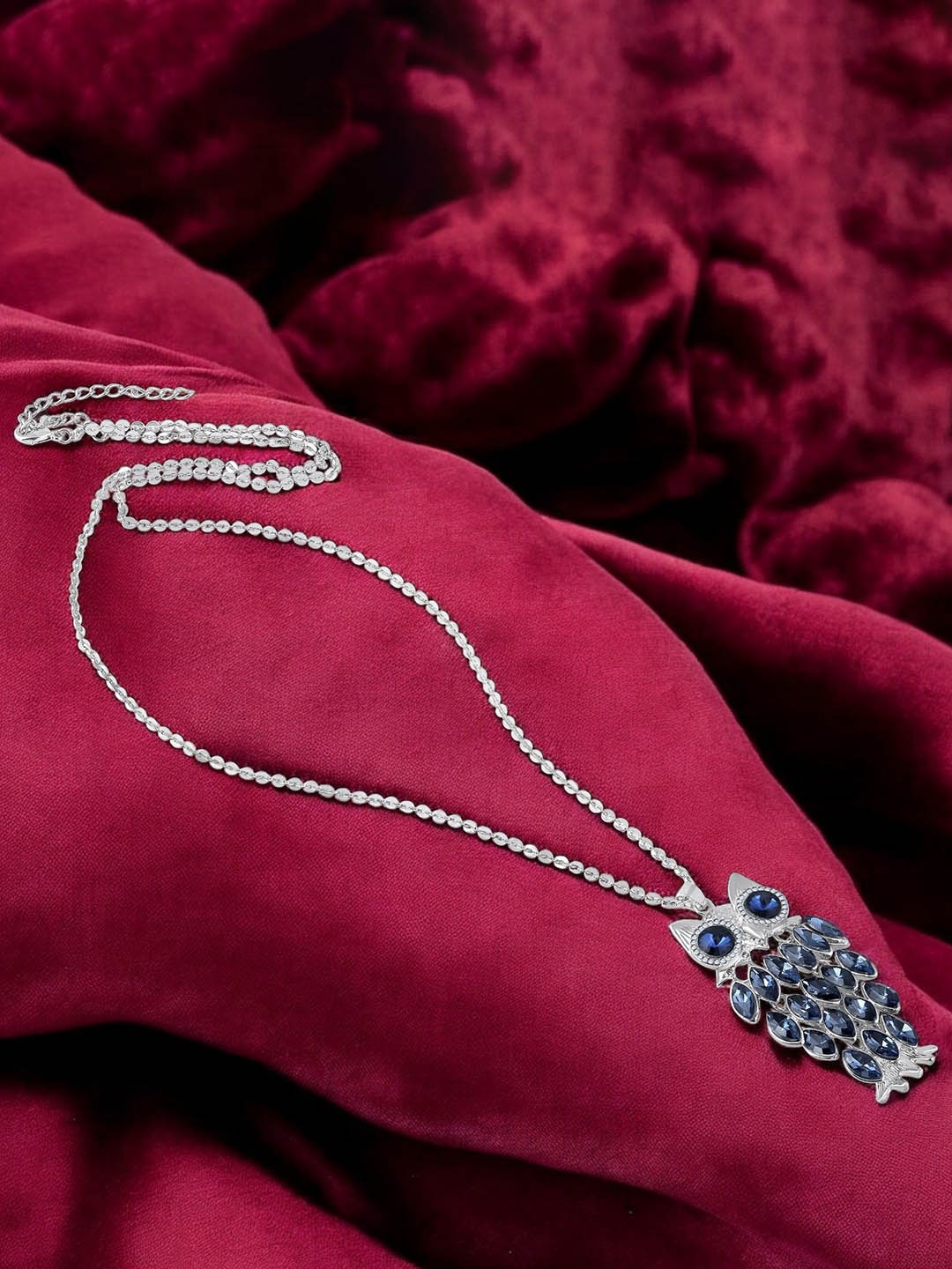 

Mahi Rhodium-Plated Owl-Shaped Pendants with Chains, Silver