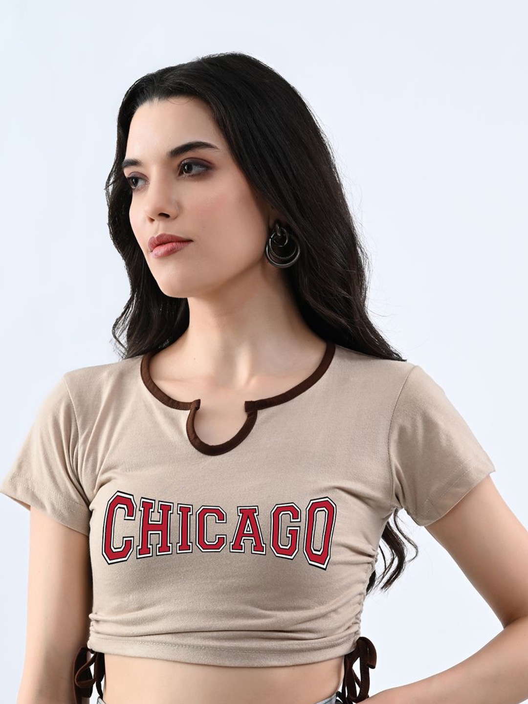 

Moda Rapido Women Typography Printed Round Neck Cotton Top, Beige