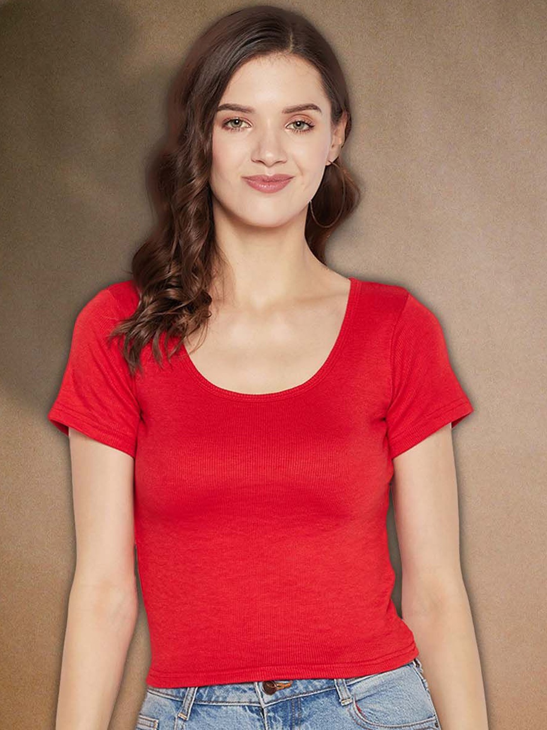 

Moda Rapido Women Ribbed Ribbed Round Neck Regular Fit Top, Red