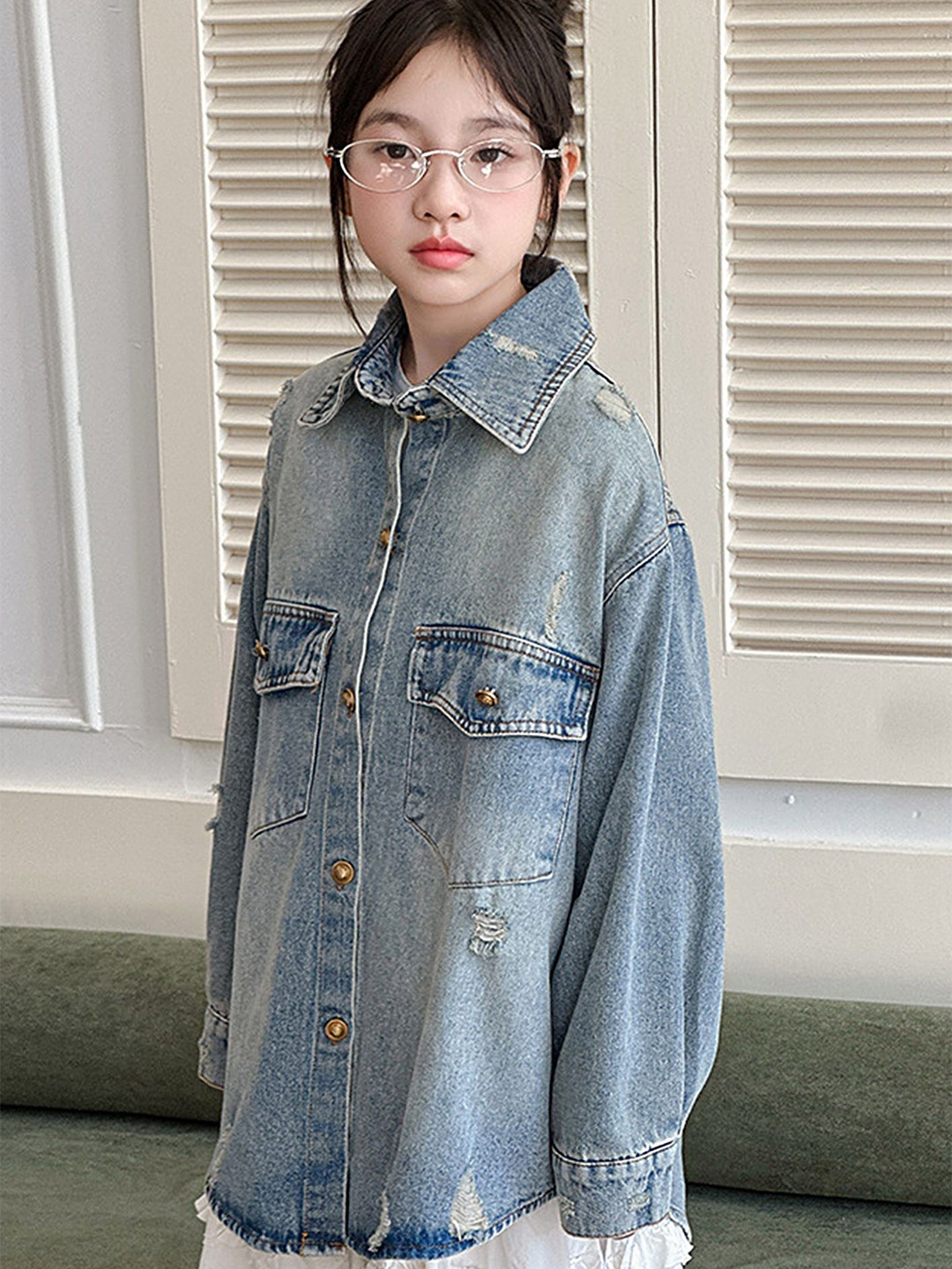 

LULU & SKY Girls Relaxed Fit Spread Collar Solid Cotton Casual Shirt, Blue