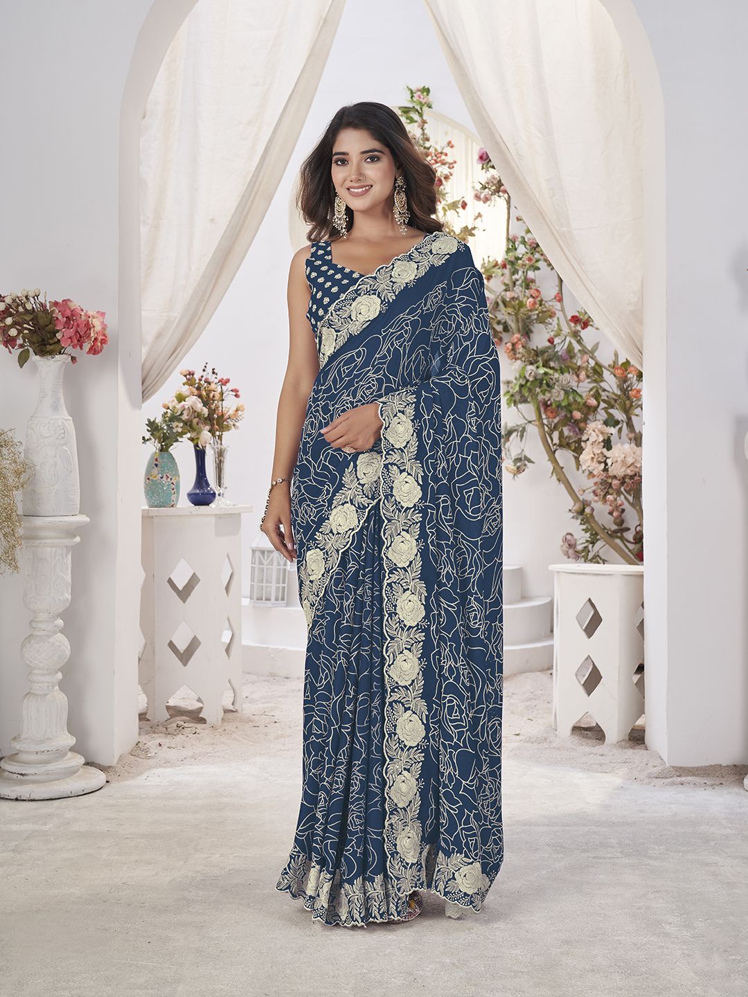 

all about you Floral Embroidered Saree With Unstitched Blouse, Blue