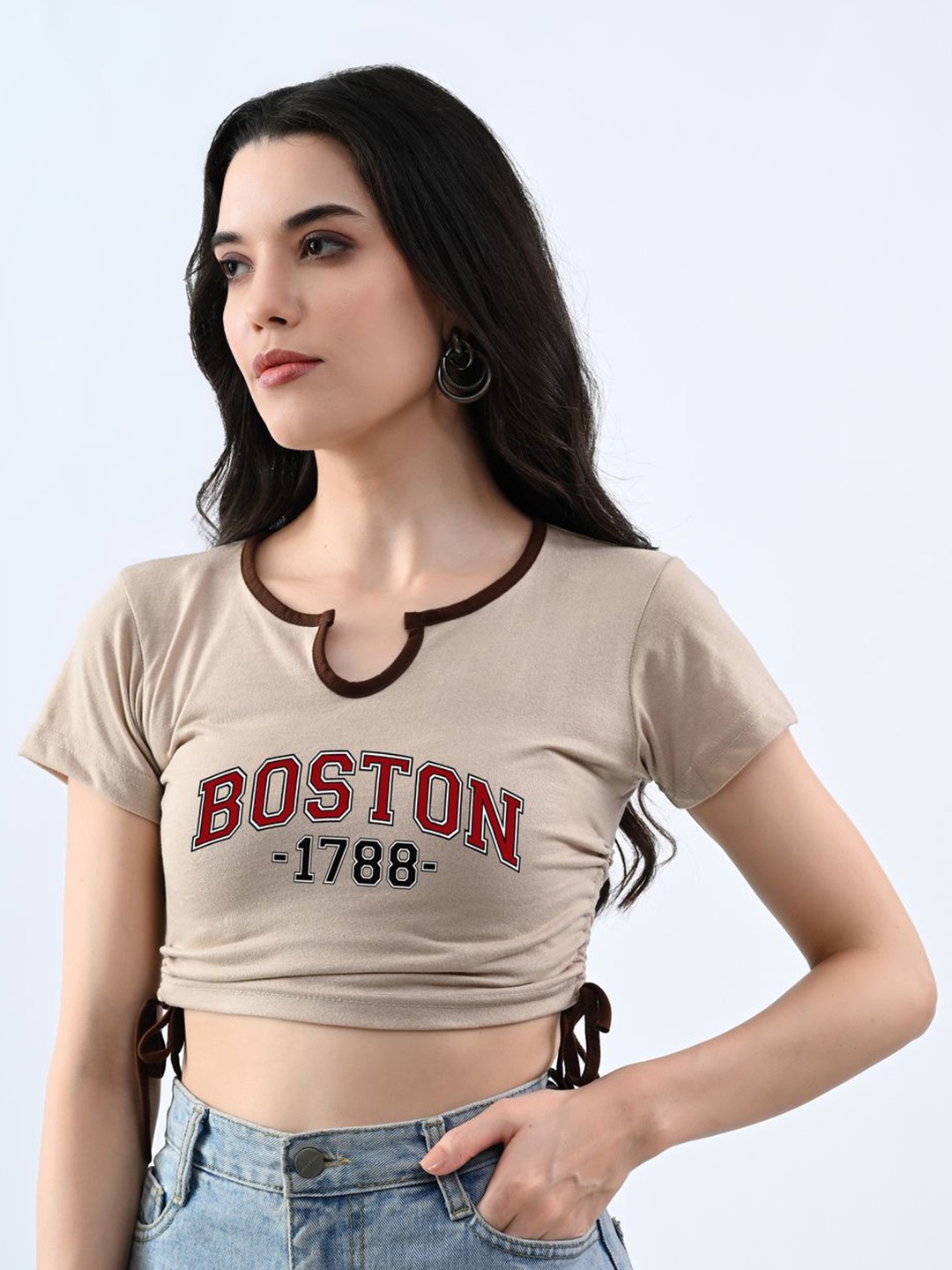 

Moda Rapido Women Typography Printed Round Neck Cotton Top, Beige