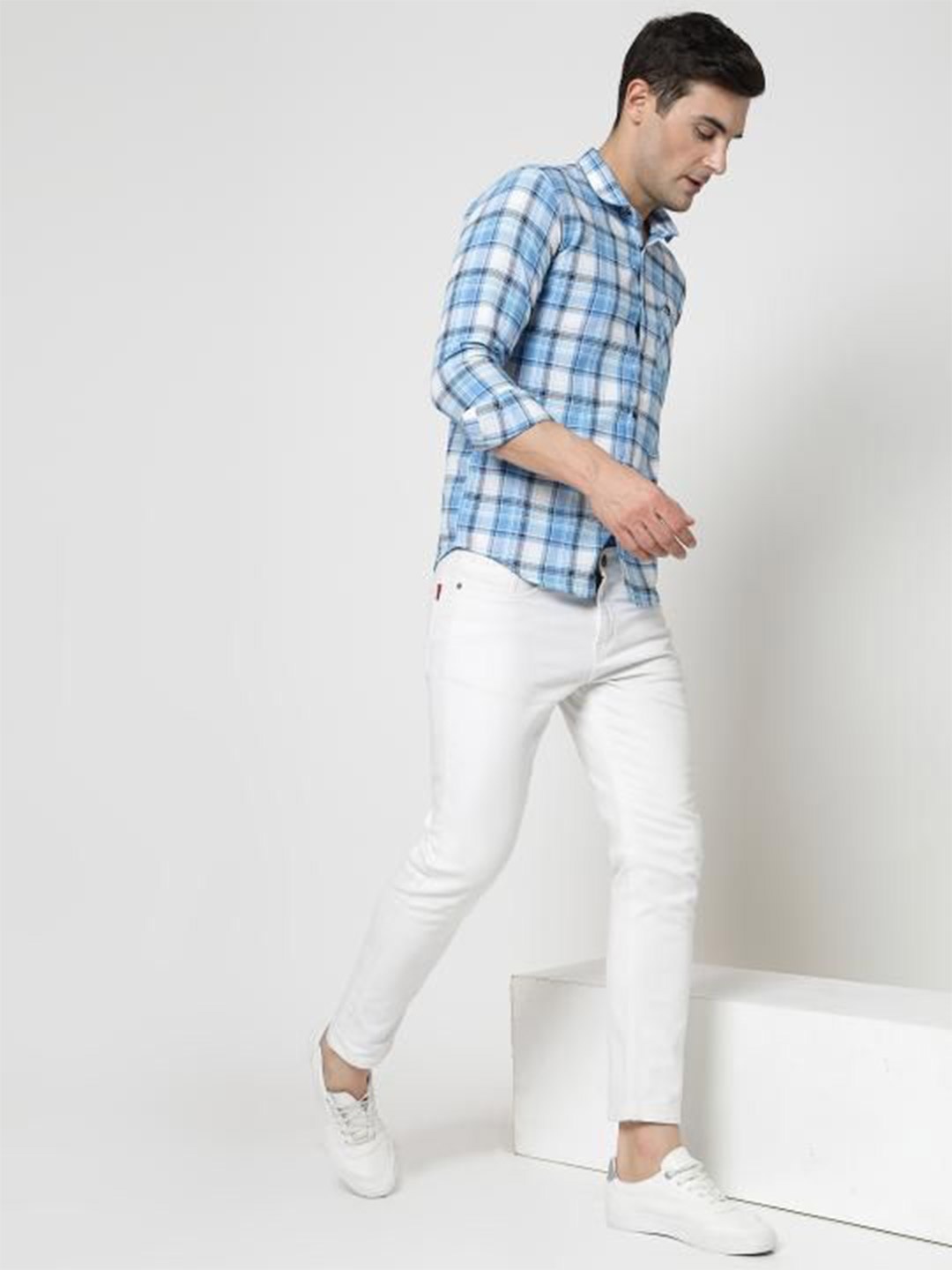 

allan peter Men Classic Fit Spread Collar Tartan Checked Cotton Casual Shirt, White