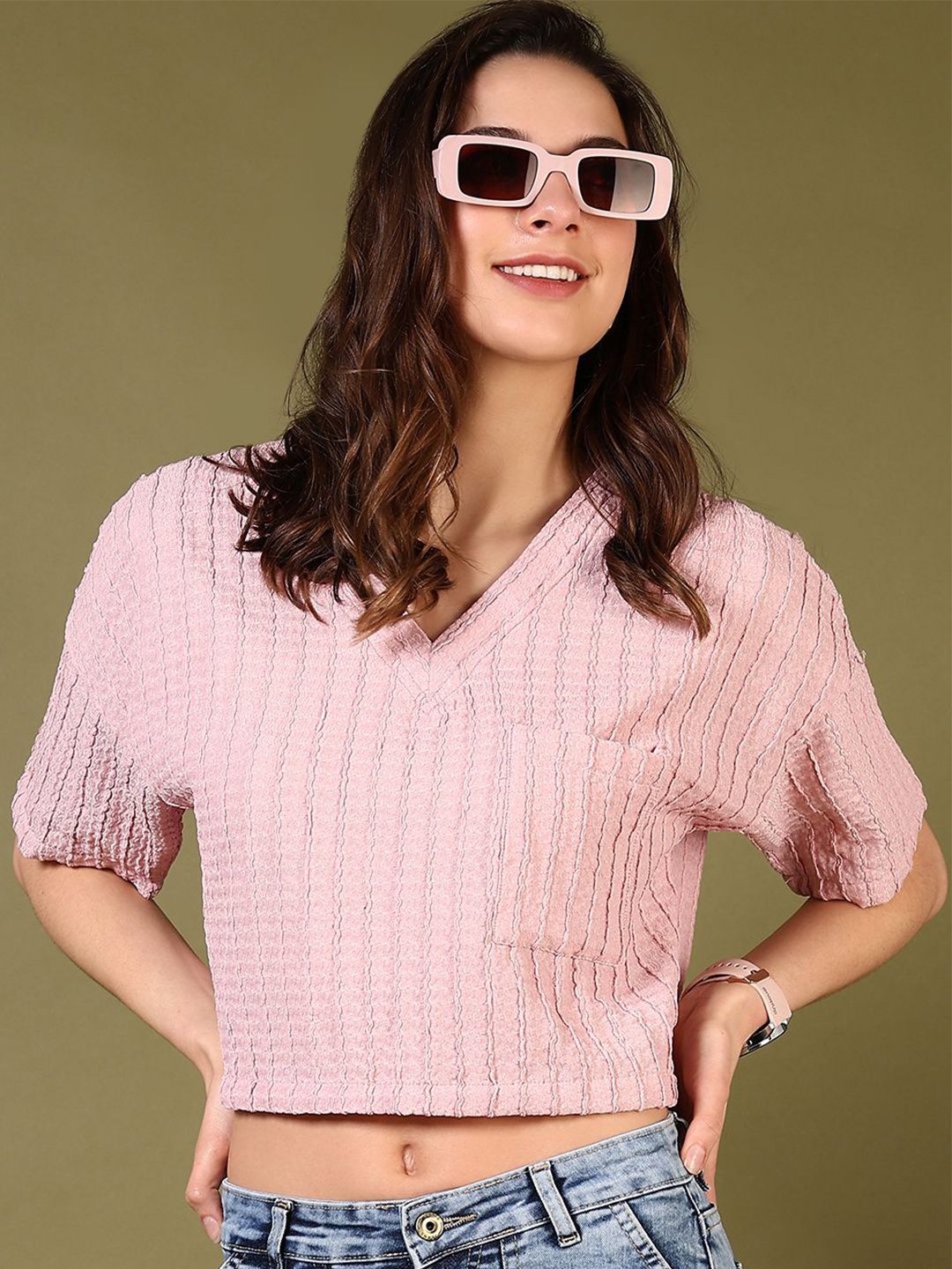 

V-Mart Extended Sleeves Crop Solid Polyester V Neck Top, Pink