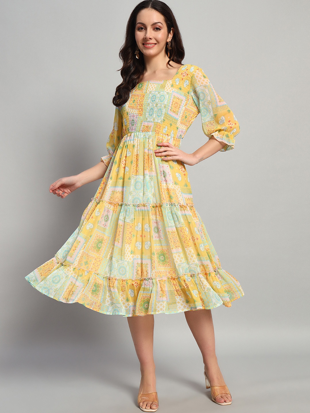 

Chemistry Printed Puff Sleeve Chiffon Smocked Fit & Flare Midi Dress, Yellow