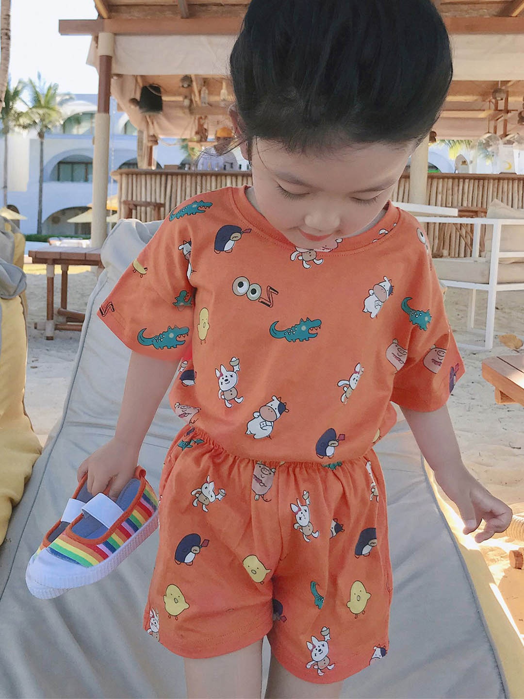 

LULU & SKY Girls Printed Round Neck Cotton T-Shirt With Shorts, Orange