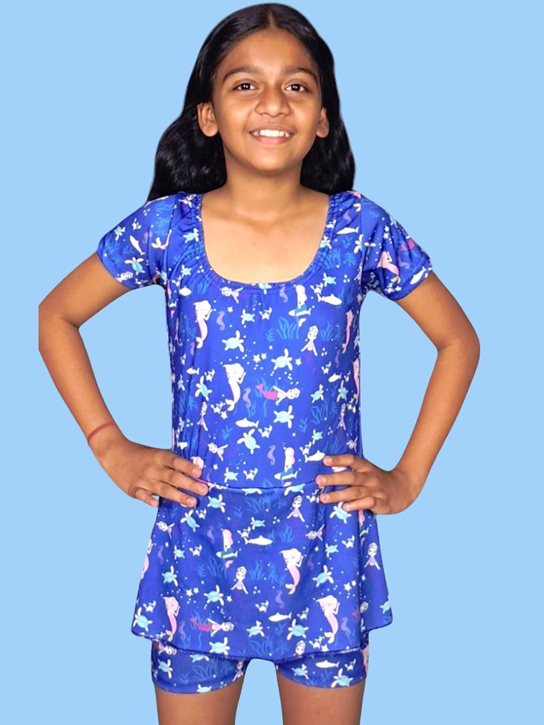 

Aqua Holic Girls Printed Swim Legsuit, Blue