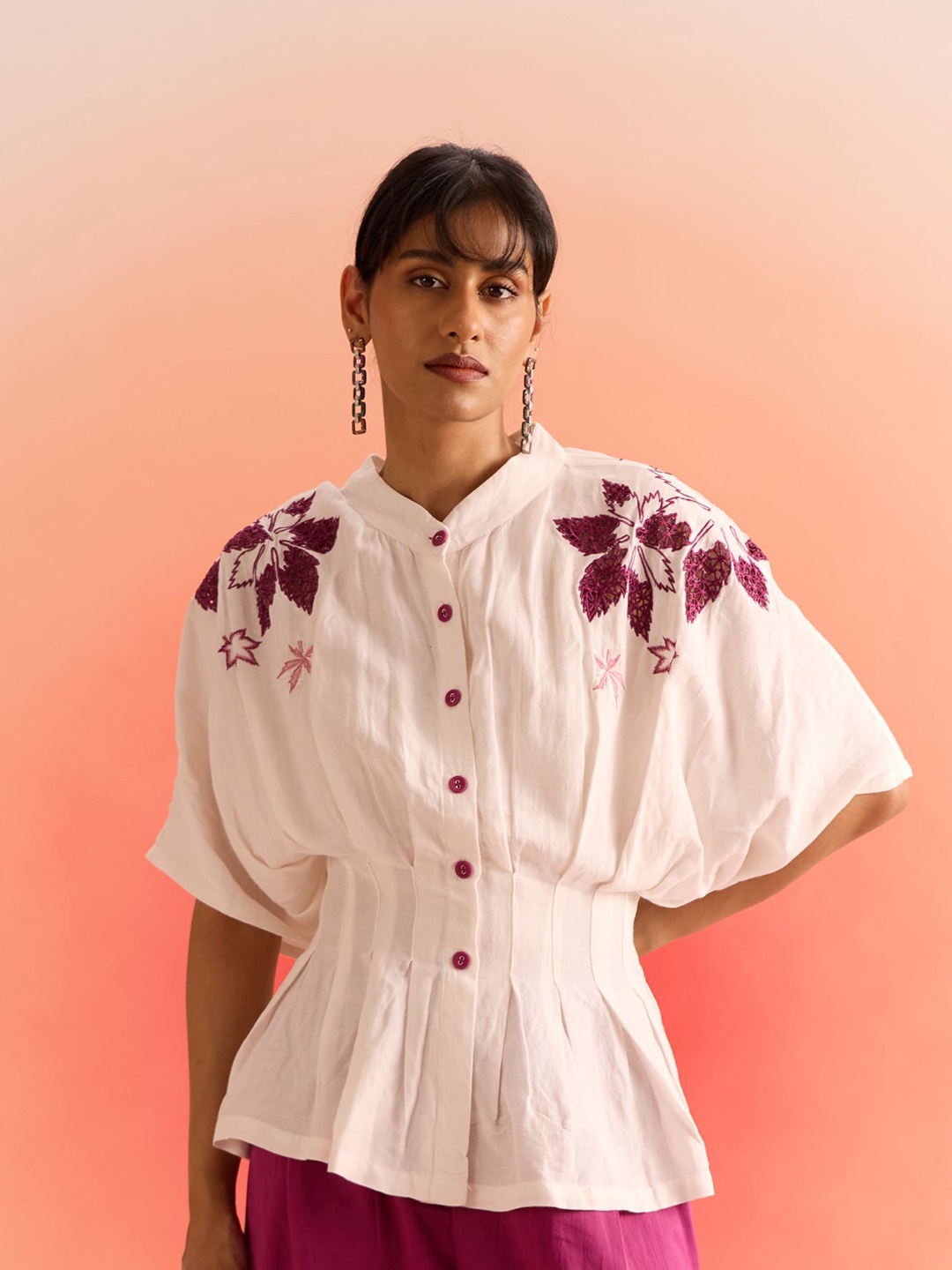 

Western Era Kimono Sleeve Drop Shoulder Embroidered Kaftan Top, White