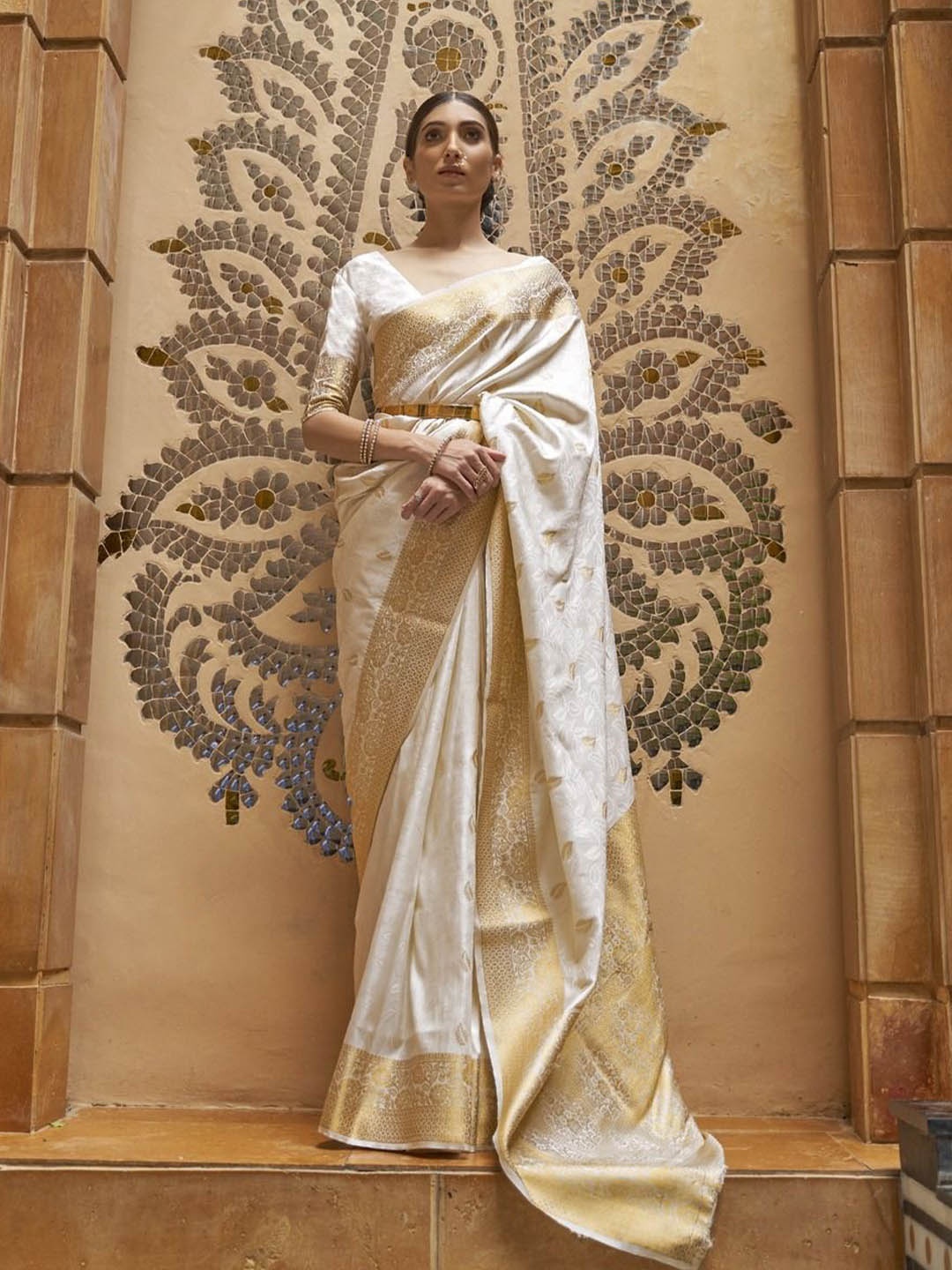 

Anouk Woven Design Zari Silk Blend Banarasi Saree, White