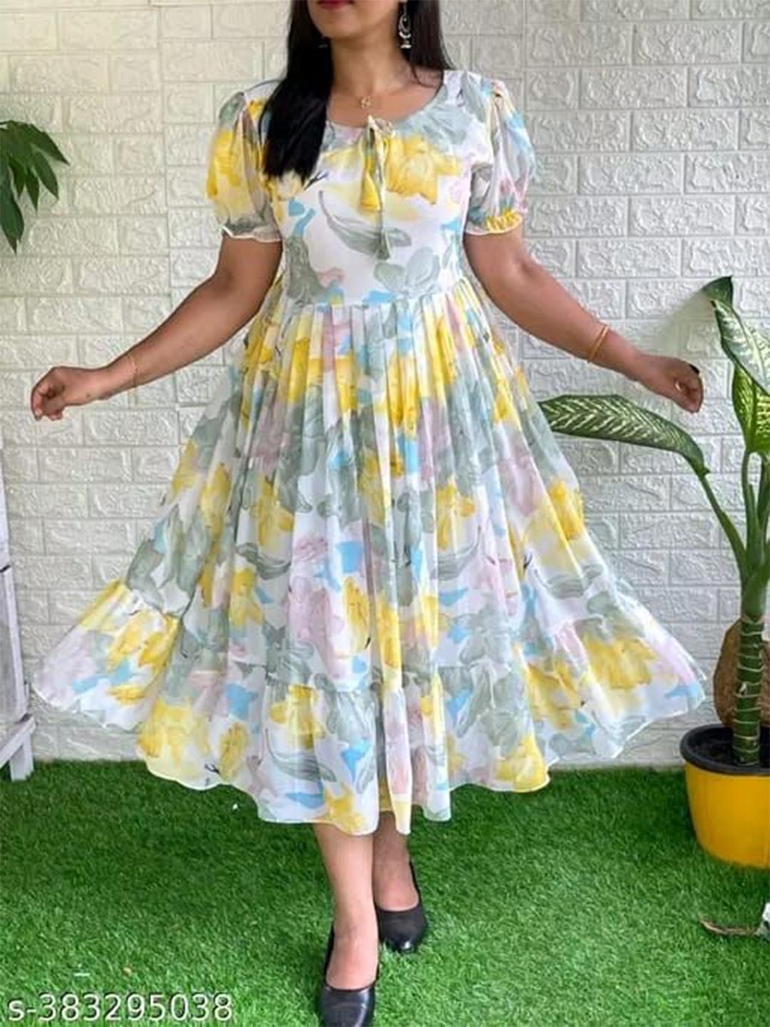 

JKP Collection Floral Printed Puff Sleeve Georgette Fit & Flare Midi Dress, Yellow