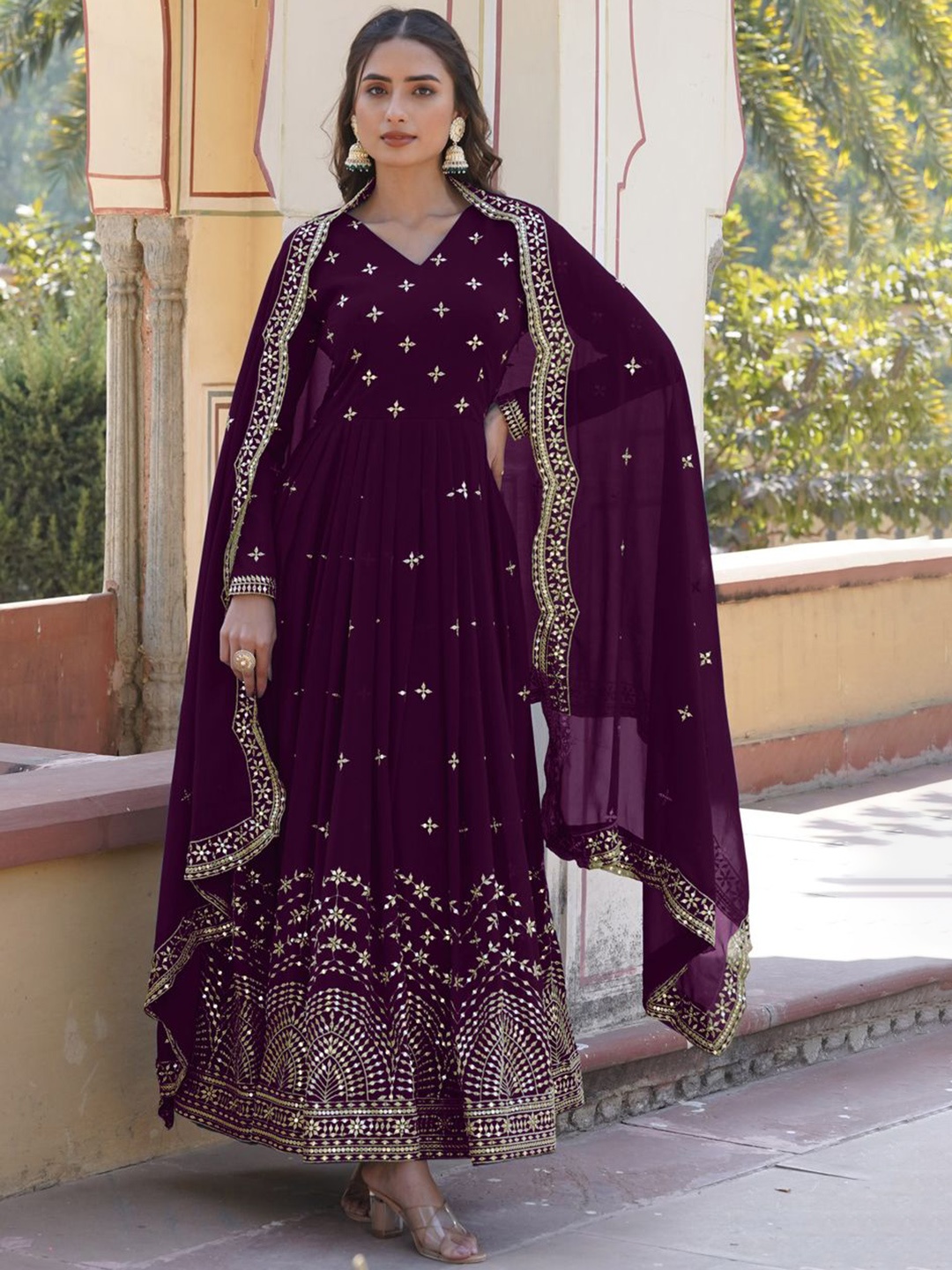 

KALINI Floral Embroidered V Neck Gotta Patti Work Georgette Anarkali Kurta With Dupatta, Purple