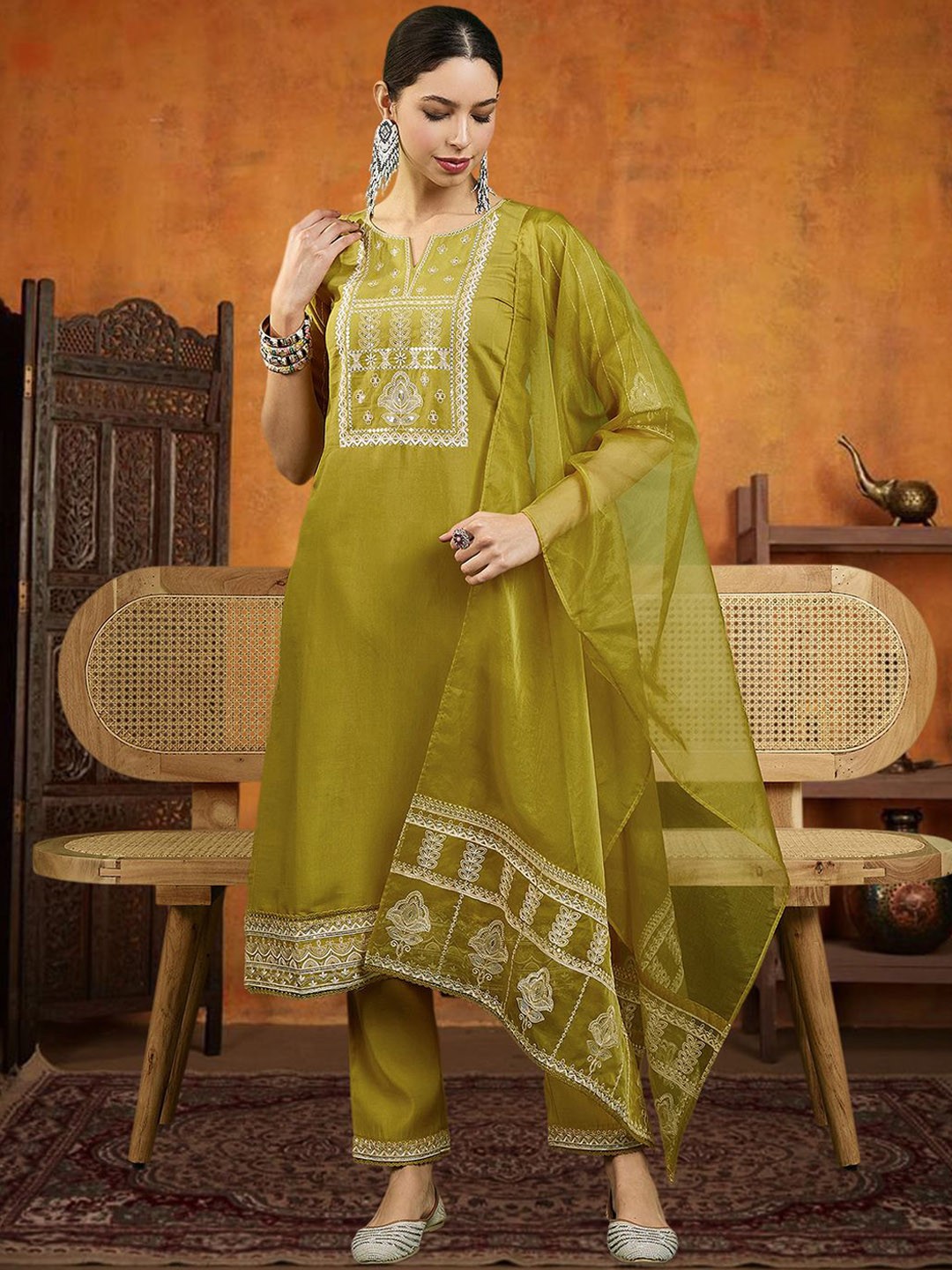 

SheWill Floral Embroidered Notch Neck Sequinned Straight Kurta With Trouser & Dupatta, Mustard