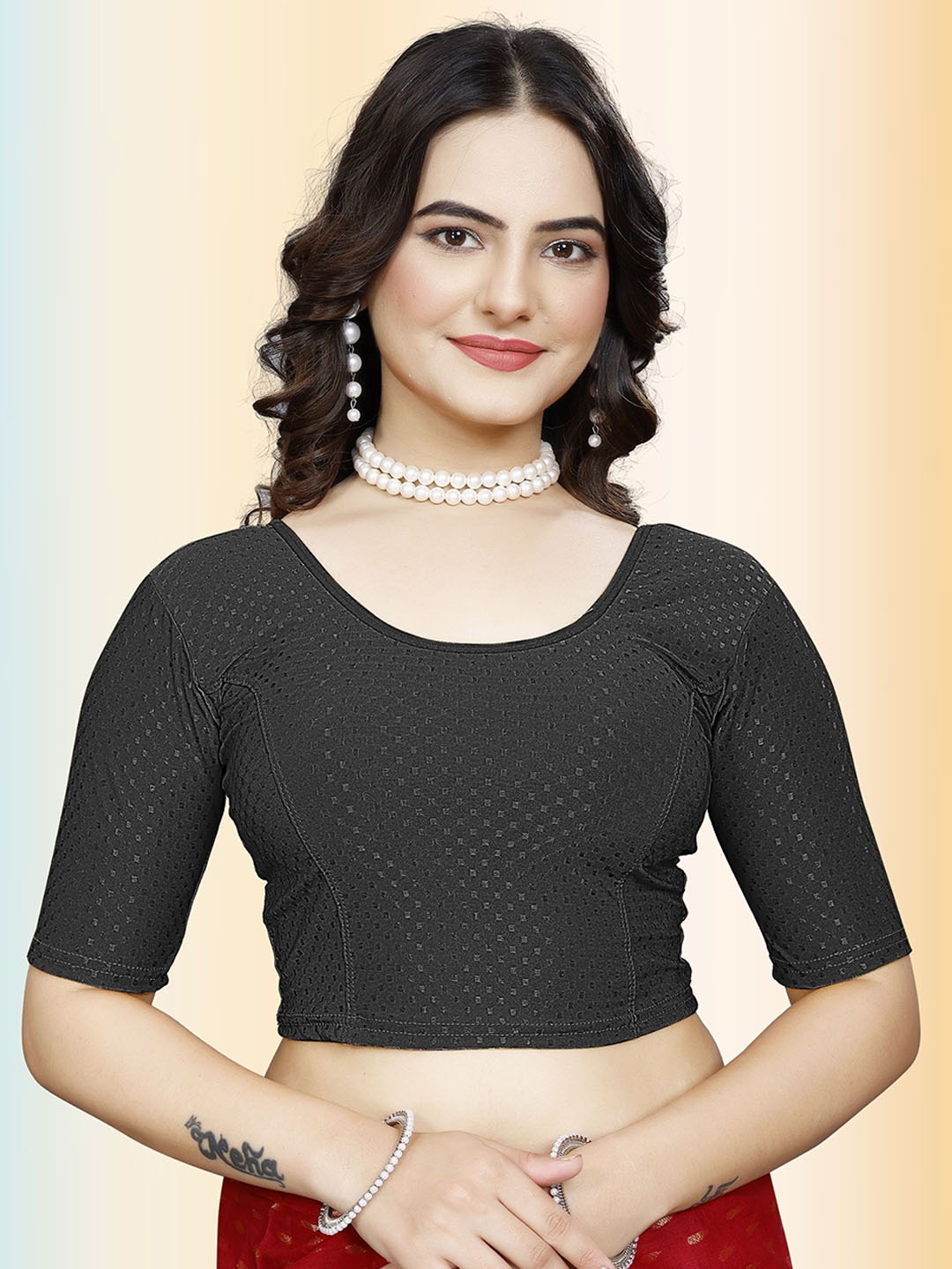 

TANISHM FEB TEX Embellished Round Neck Stretchable Saree Blouse, Black