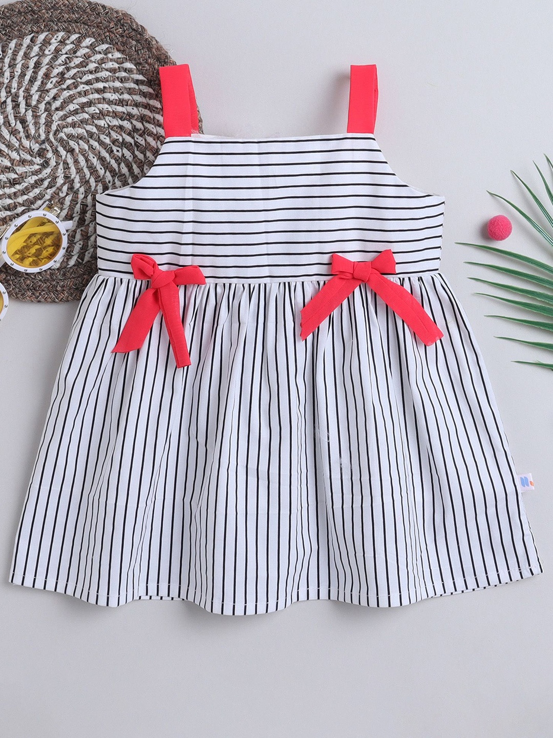 

MANY FROCKS & Girls Striped Shoulder Straps Neck Sleeveless Fit & Flare Dress, White
