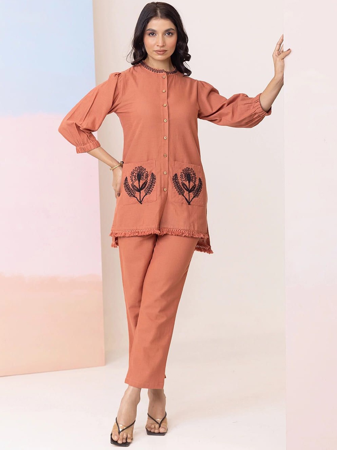 

MISRI Floral Embroidered Mandarin Collar Pure Cotton Top With Trousers, Rust