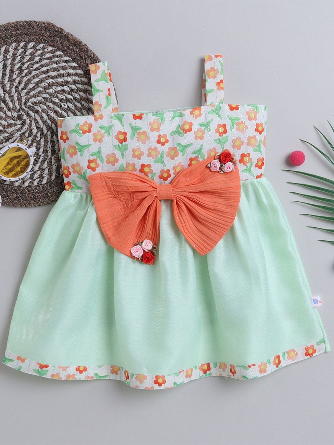 

MANY FROCKS & Girls Floral Printed Fit & Flare Dress With Bow, Green