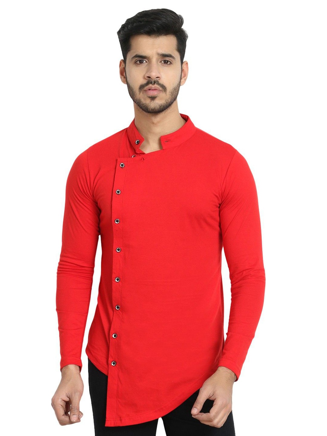 

Black Collection Men Solid Mandarin Collar Cotton Slim Fit T-shirt, Red