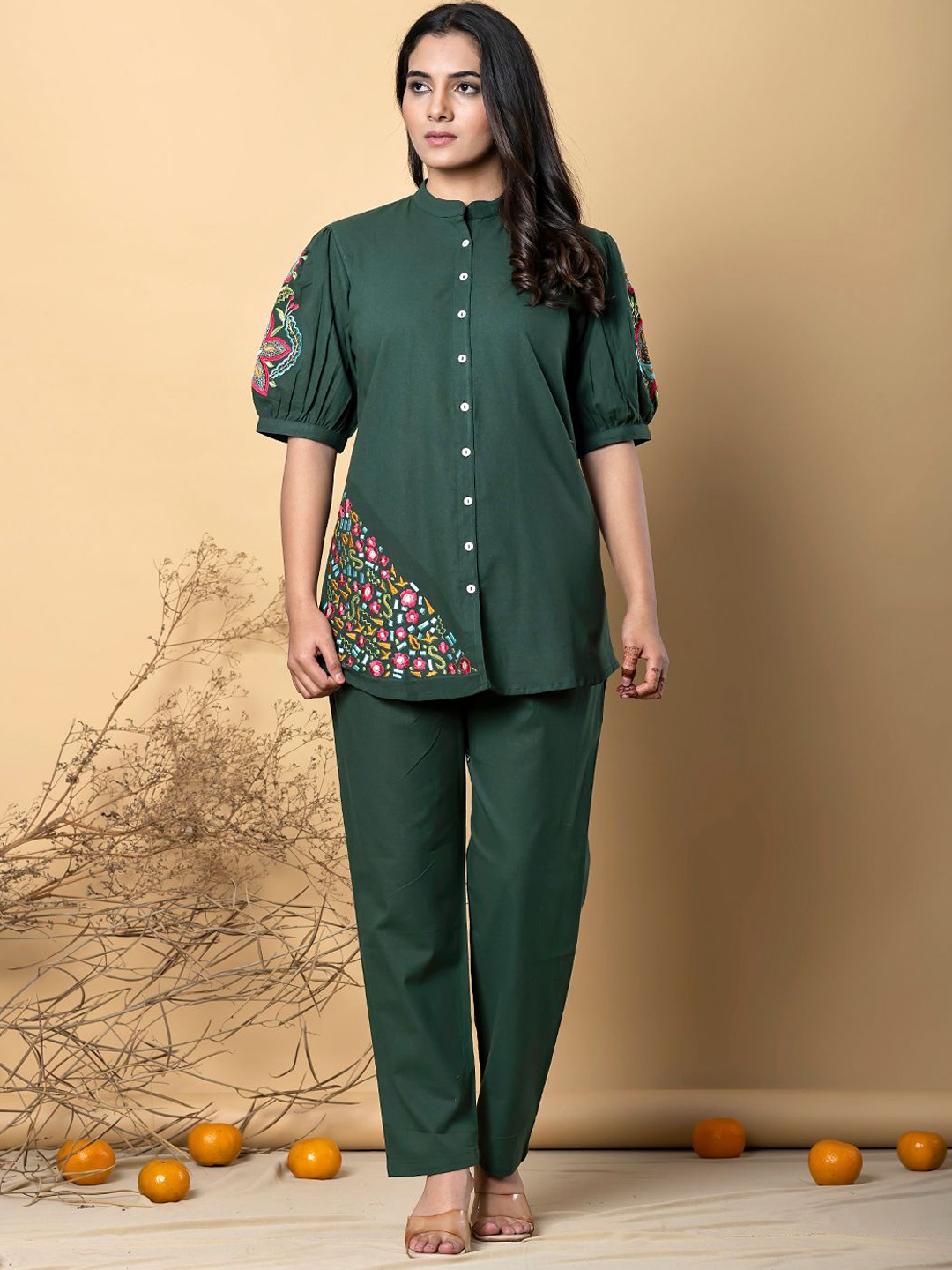 

Readiprint Floral Embroidered Mandarin Collar Top With Trousers, Green