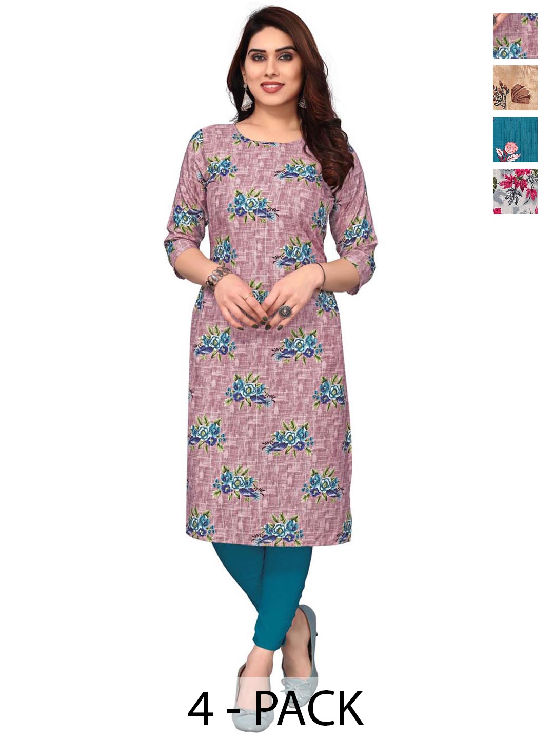 

KETAKI FASHION Selection Of 4 Floral Printed Round Neck Straight Kurtas, Pink