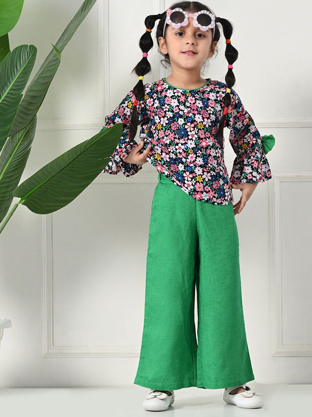 

Baesd Floral Printed Round Neck Pure Cotton Top & Trousers, Green