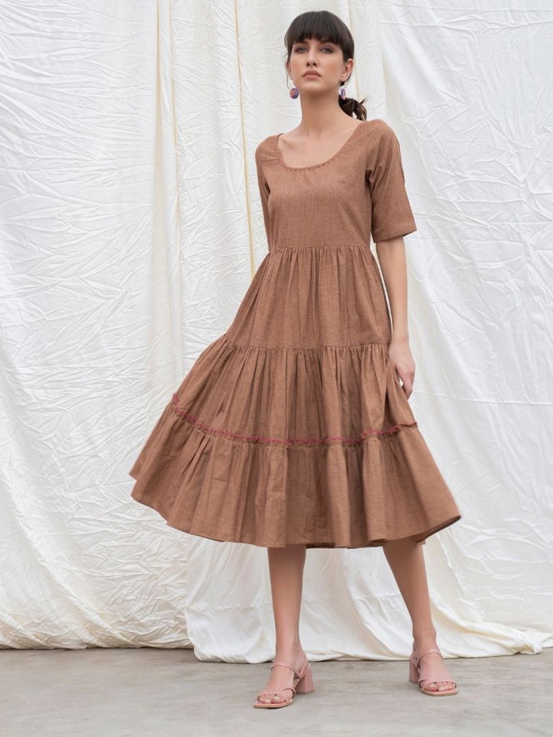 

Abhishti Russet-Brown Mangalgiri Cotton Tiered A-Line Midi Dress