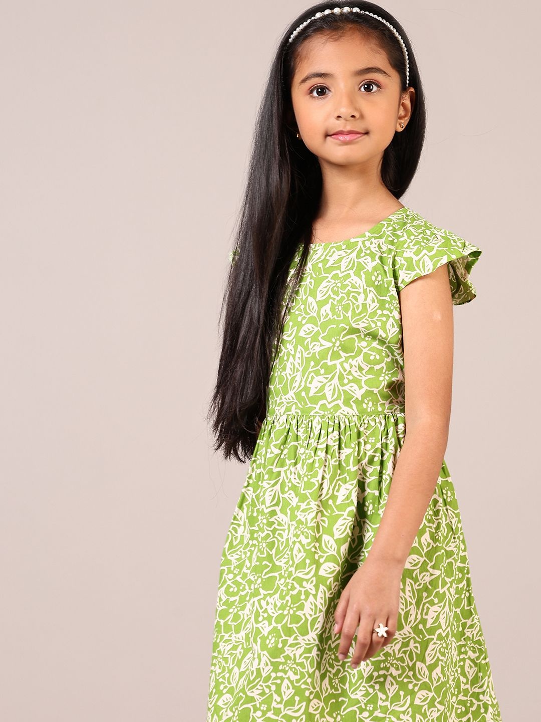 

V-Mart Girl Floral Print Round Neck Flutter Sleeve Fit & Flare Knee Length Dress, Green