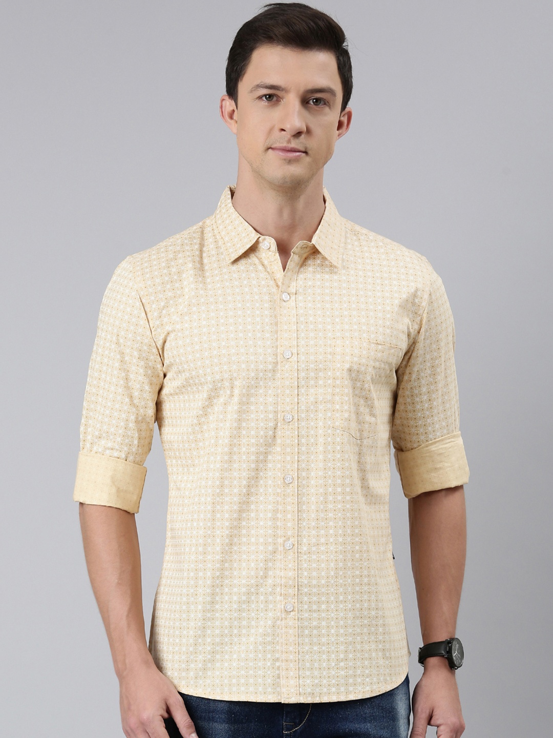 

Provogue Men Spread Collar Checked Cotton Casual Shirt, Beige