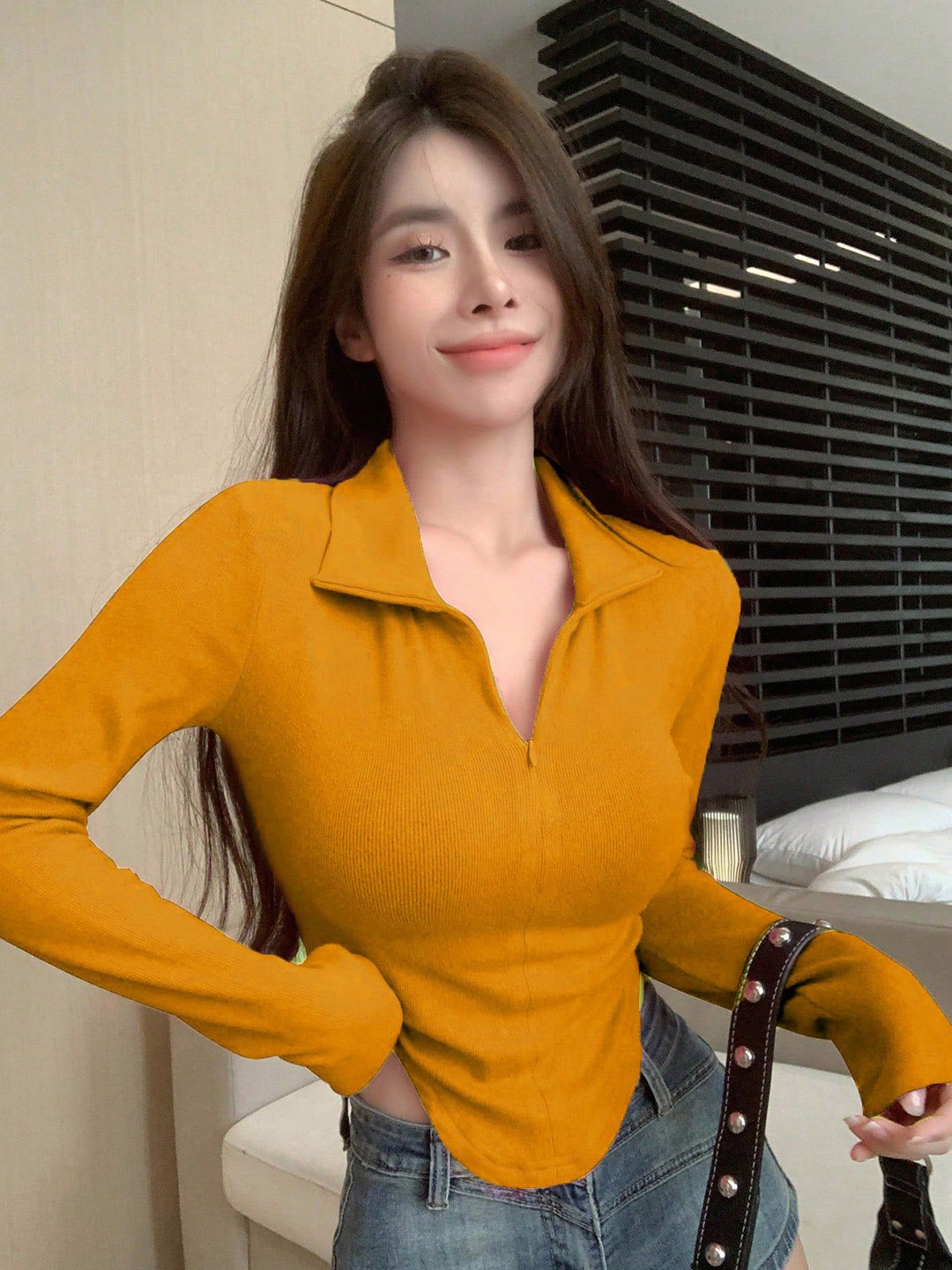 

Istyle Can Mandarin Collar Top, Mustard