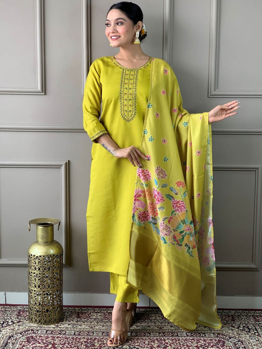 

NKV Women Embroidered Sequinned Kurta, Yellow