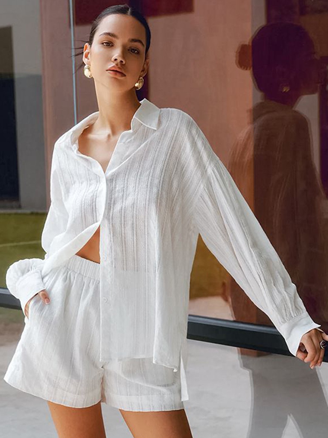 

MIAKEE Striped Pure Cotton Shirt With Shorts, White