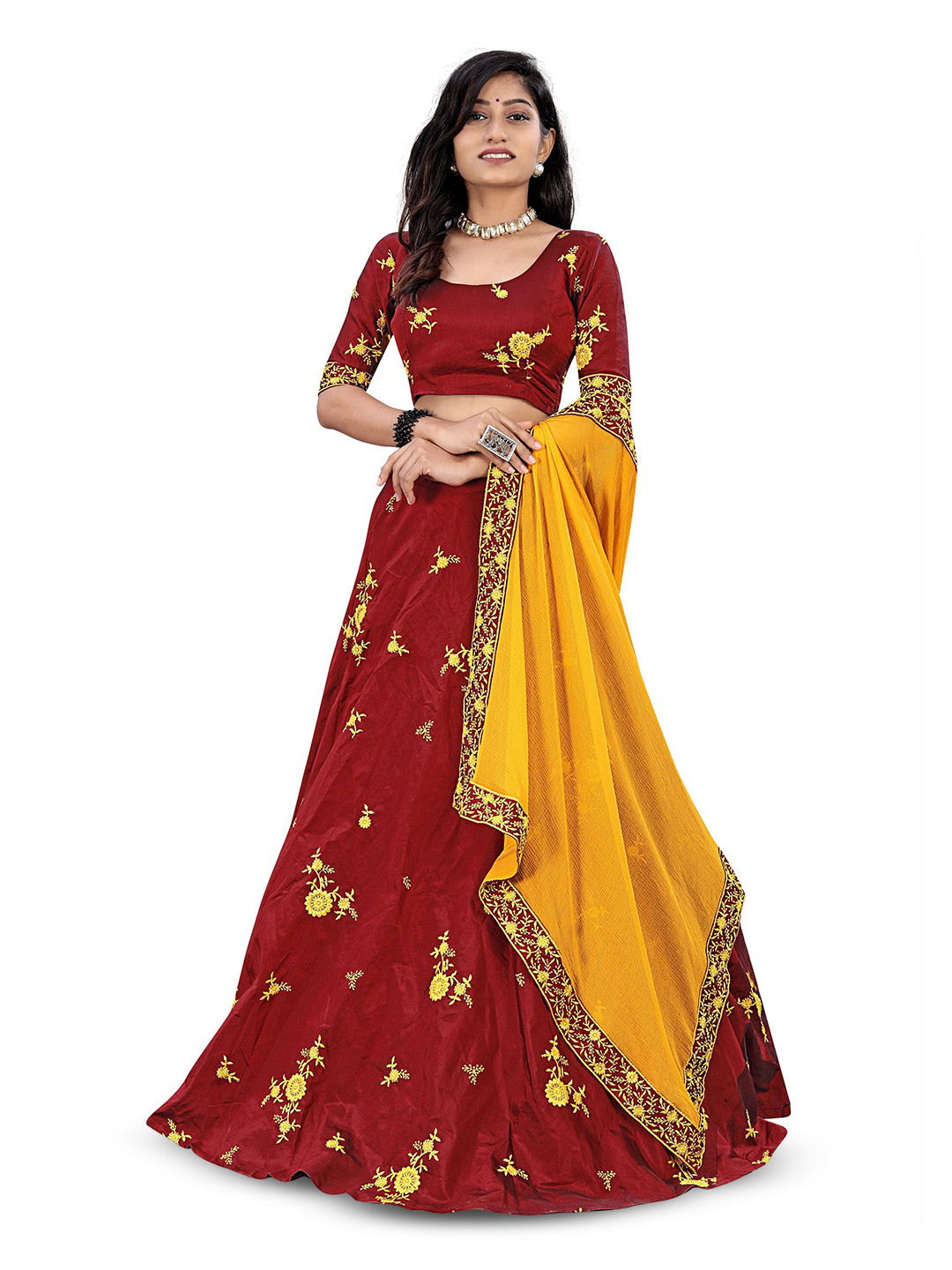 

Anneca Girls Embroidered Thread Work Ready to Wear Lehenga & Blouse With Dupatta, Maroon