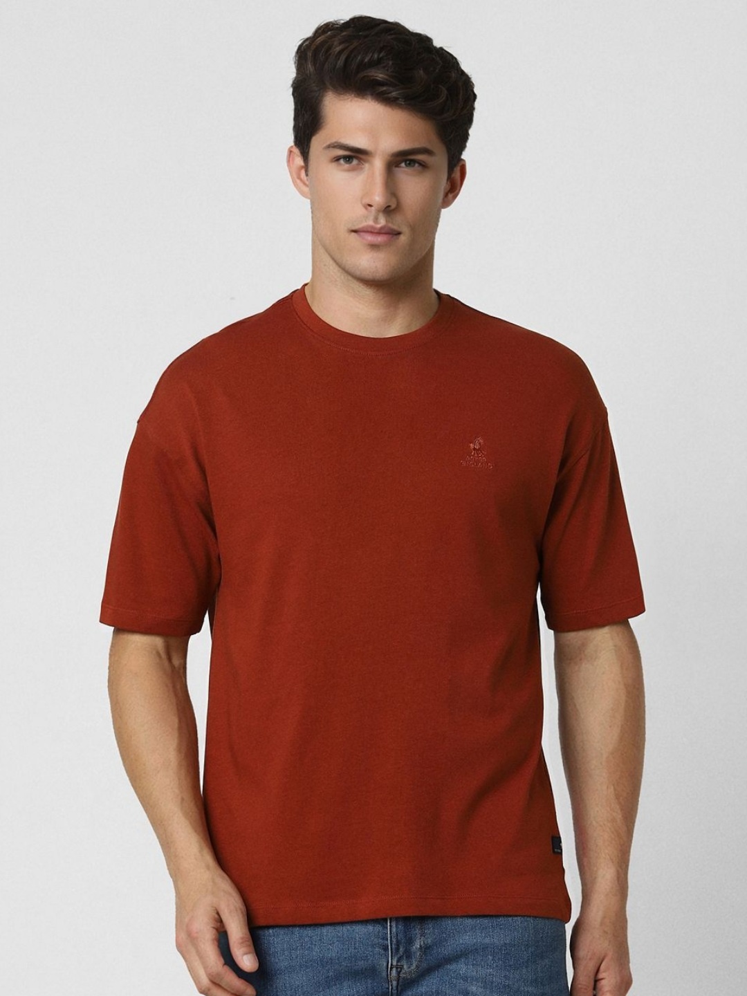 

Peter England Casuals Men Solid Round Neck Cotton Oversized T-shirt, Red